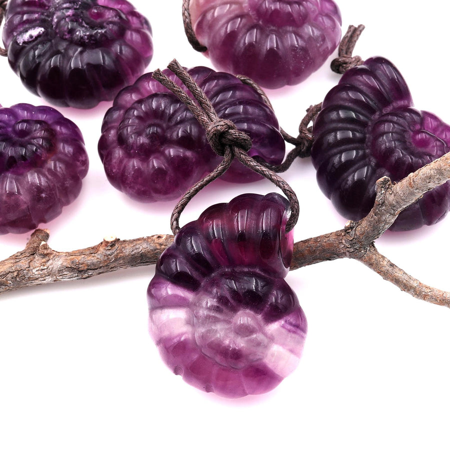 AAA Hand Carved Natural Candy Fluorite Dark Mauve Pink Ammonite Pendant