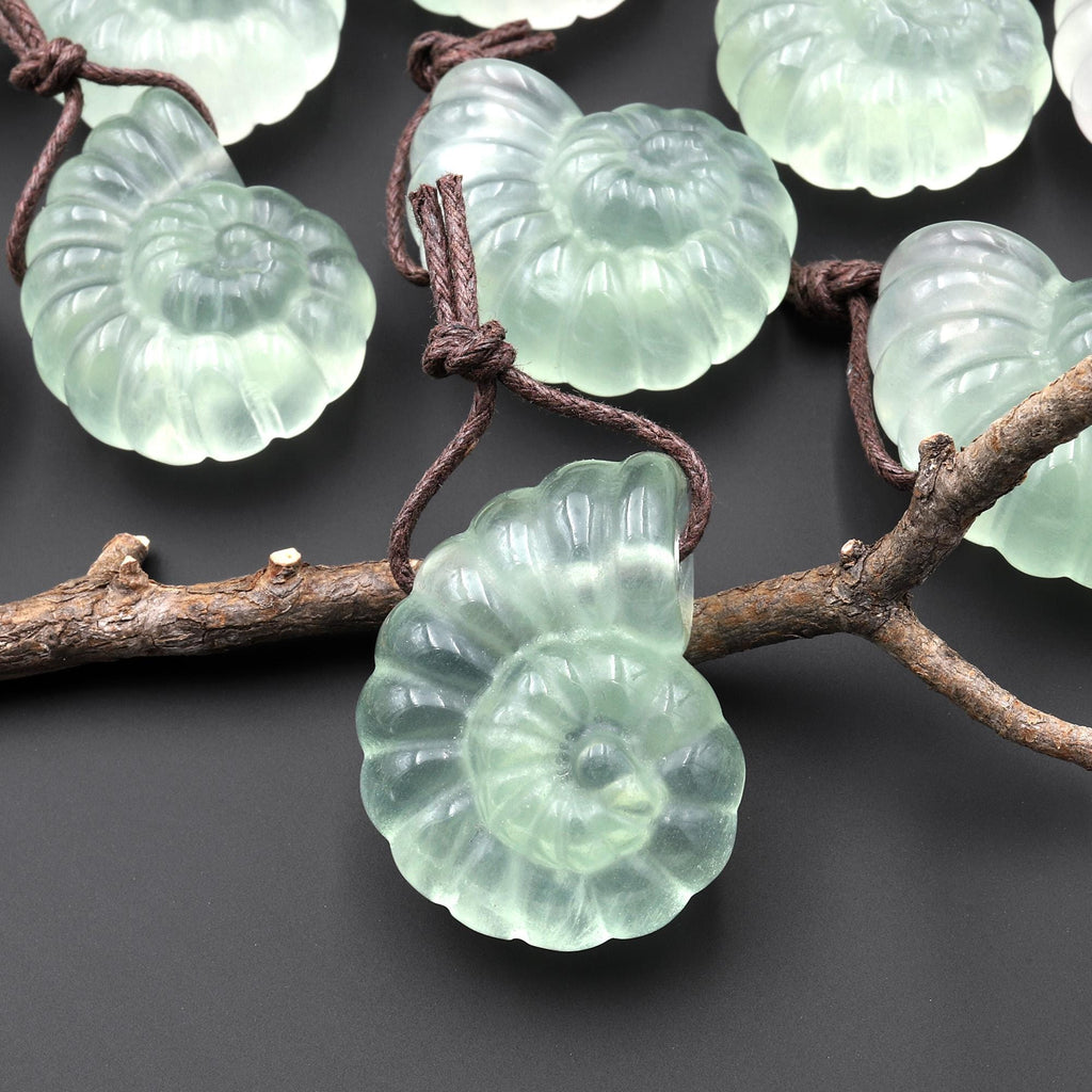 AAA Hand Carved Natural Candy Fluorite Light Green Ammonite Pendant A1