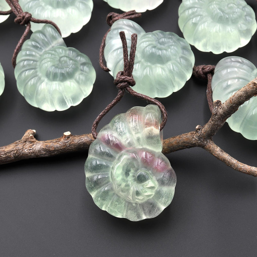 AAA Hand Carved Natural Candy Fluorite Light Green Ammonite Pendant A2