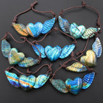 AAA 2 Two Hole Side Drilled Pendant Hand Carved Natural Labradorite Angel Wing Heart Drilled Gemstone Focal Bead