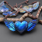 AAA 2 Two Hole Side Drilled Pendant Hand Carved Natural Labradorite Angel Wing Heart Drilled Gemstone Focal Bead