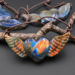 AAA 2 Two Hole Side Drilled Pendant Hand Carved Natural Labradorite Angel Wing Heart Drilled Gemstone Focal Bead