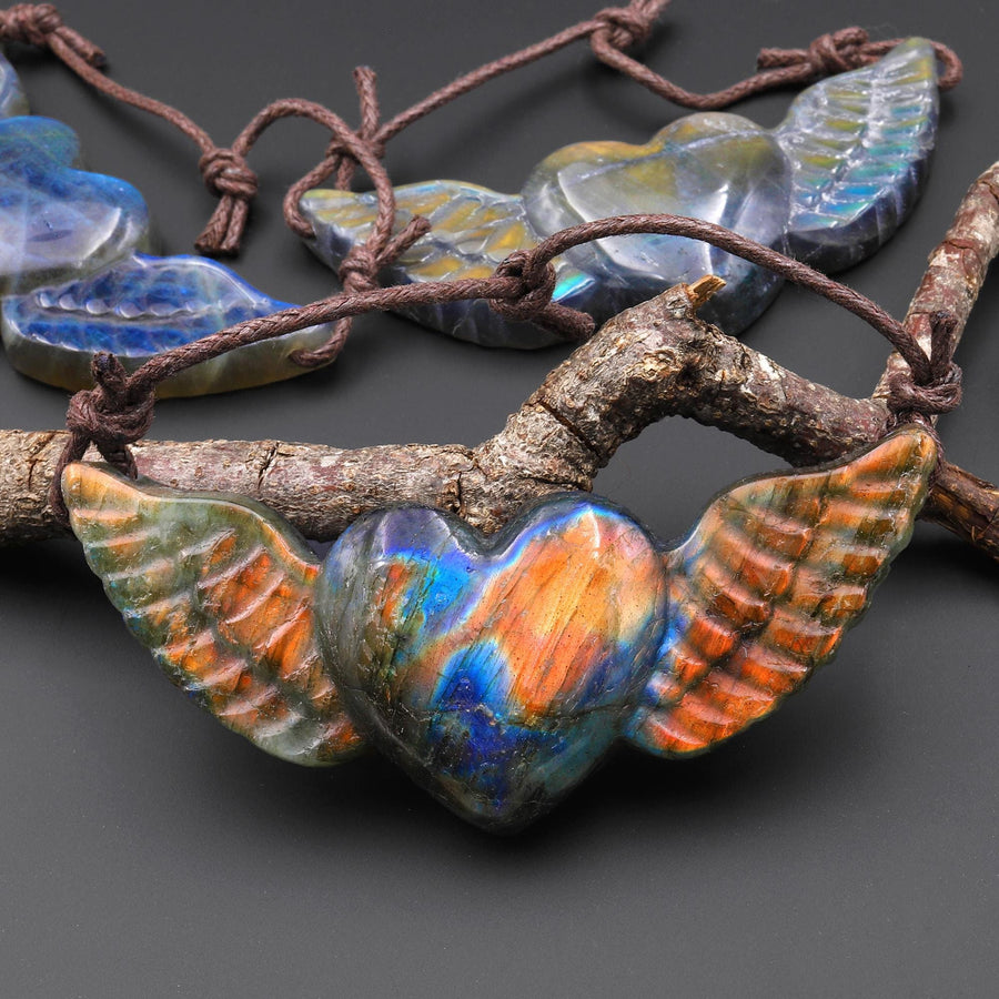 AAA 2 Two Hole Side Drilled Pendant Hand Carved Natural Labradorite Angel Wing Heart Drilled Gemstone Focal Bead