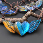 AAA 2 Two Hole Side Drilled Pendant Hand Carved Natural Labradorite Angel Wing Heart Drilled Gemstone Focal Bead