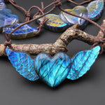 AAA 2 Two Hole Side Drilled Pendant Hand Carved Natural Labradorite Angel Wing Heart Drilled Gemstone Focal Bead