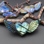 AAA 2 Two Hole Side Drilled Pendant Hand Carved Natural Labradorite Angel Wing Heart Drilled Gemstone Focal Bead
