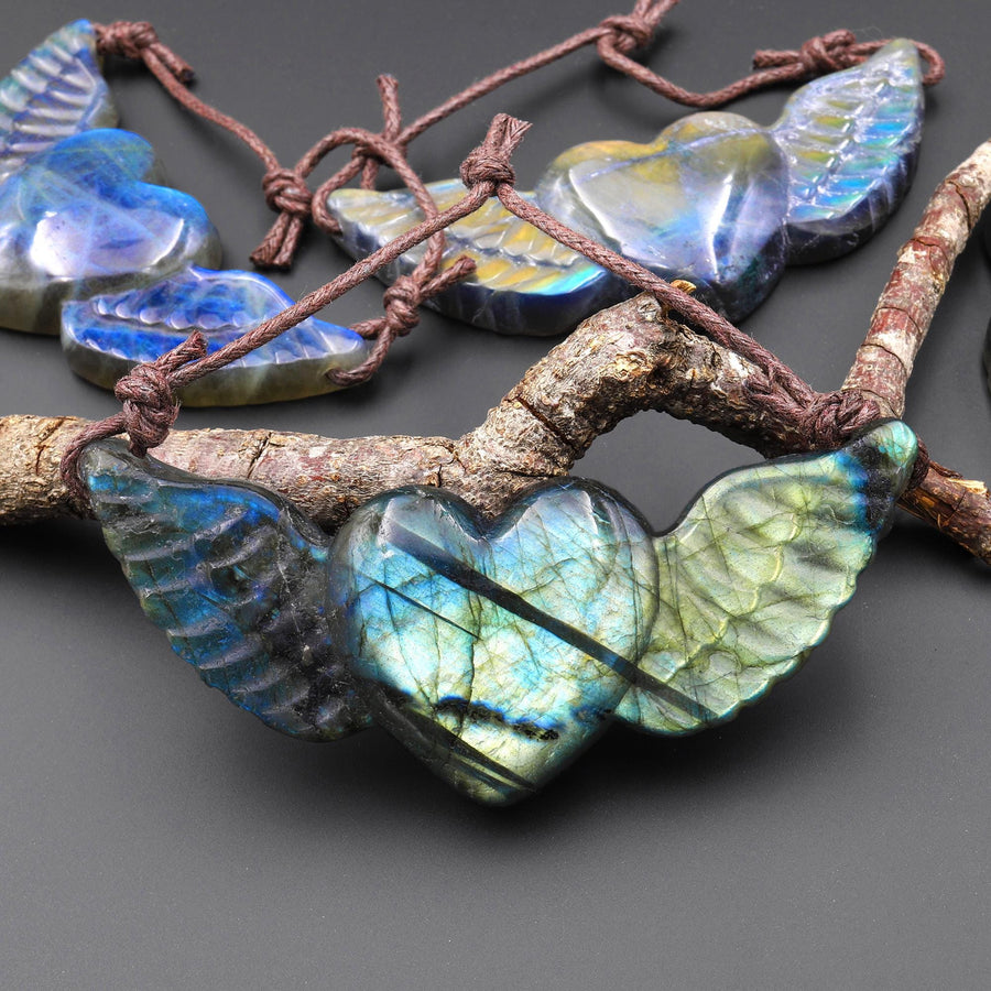 AAA 2 Two Hole Side Drilled Pendant Hand Carved Natural Labradorite Angel Wing Heart Drilled Gemstone Focal Bead