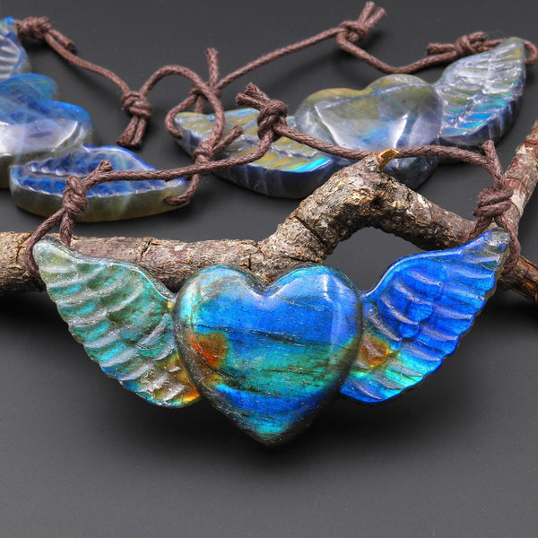 AAA 2 Two Hole Side Drilled Pendant Hand Carved Natural Labradorite Angel Wing Heart Drilled Gemstone Focal Bead