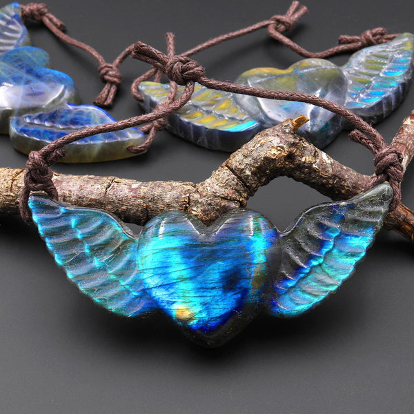 AAA 2 Two Hole Side Drilled Pendant Hand Carved Natural Labradorite Angel Wing Heart Drilled Gemstone Focal Bead A4