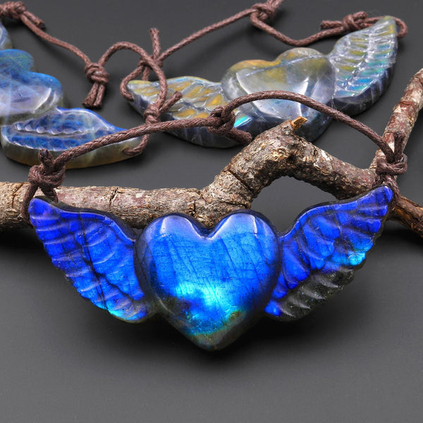AAA 2 Two Hole Side Drilled Pendant Hand Carved Natural Labradorite Angel Wing Heart Drilled Gemstone Focal Bead A5