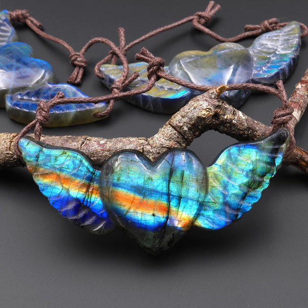 AAA 2 Two Hole Side Drilled Pendant Hand Carved Natural Labradorite Angel Wing Heart Drilled Gemstone Focal Bead A10