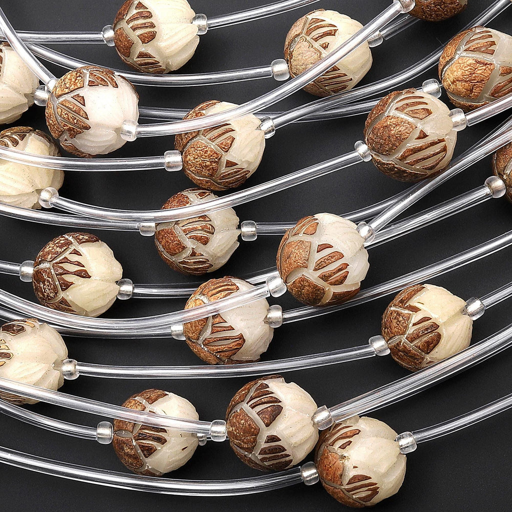 Natural Bodhi Root Palm Seed Prayer 12mm 13mm 14mm Beads Hand Carved Lotus Flower Meditation Mala Making Strand
