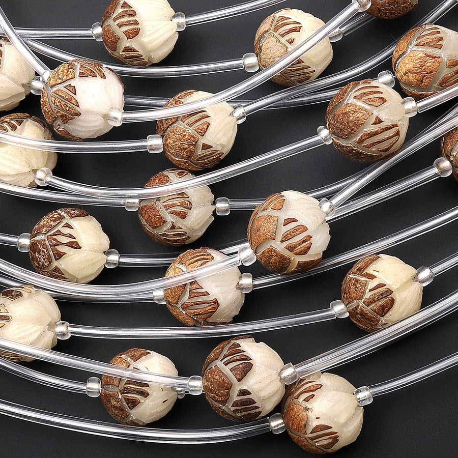 Natural Bodhi Root Palm Seed Prayer 12mm 13mm 14mm Beads Hand Carved Lotus Flower Meditation Mala Making Strand