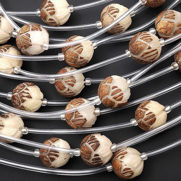 Natural Bodhi Root Palm Seed Prayer 12mm 13mm 14mm Beads Hand Carved Lotus Flower Meditation Mala Making Strand