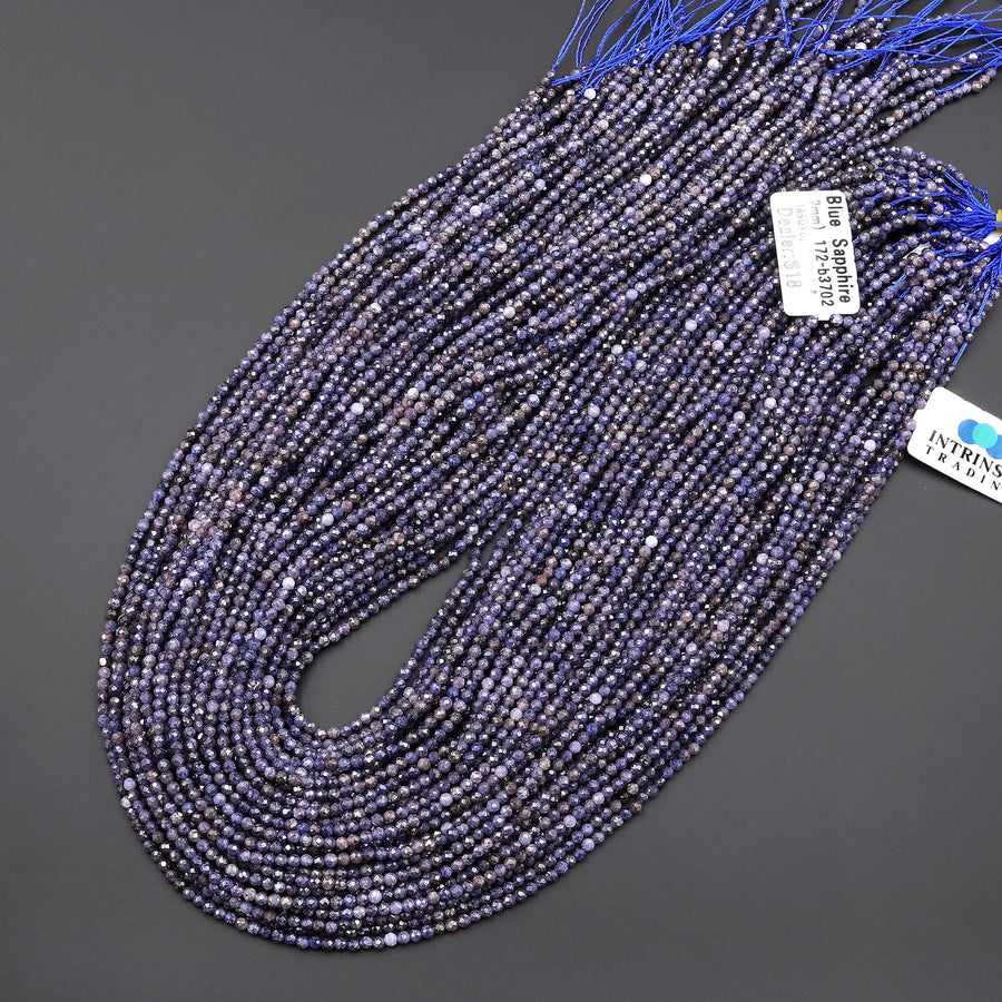 Natural Burma Blue Sapphire Faceted 2mm Round Beads 15.5" Strand
