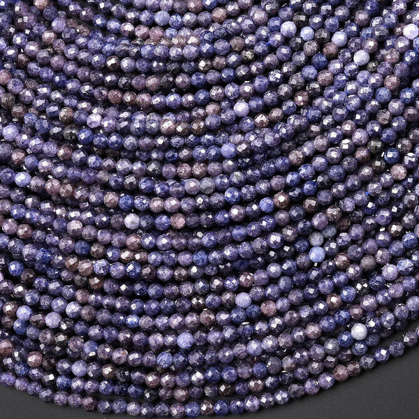 Natural Burma Blue Sapphire Faceted 2mm Round Beads 15.5" Strand
