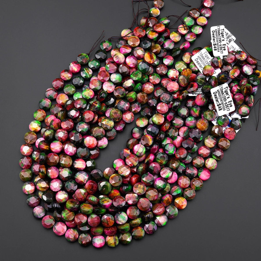 Chatoyant Rainbow Galaxy Tiger's Eye 10mm Faceted Coin Beads 15.5" Strand