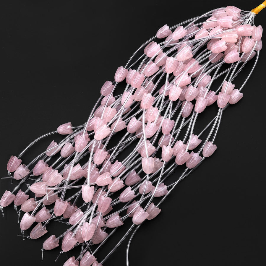 AAA Natural Pink Rose Quartz Hand Carved Tulip Lily Flower Vertically Drilled Gemstone 15mm Beads Strand