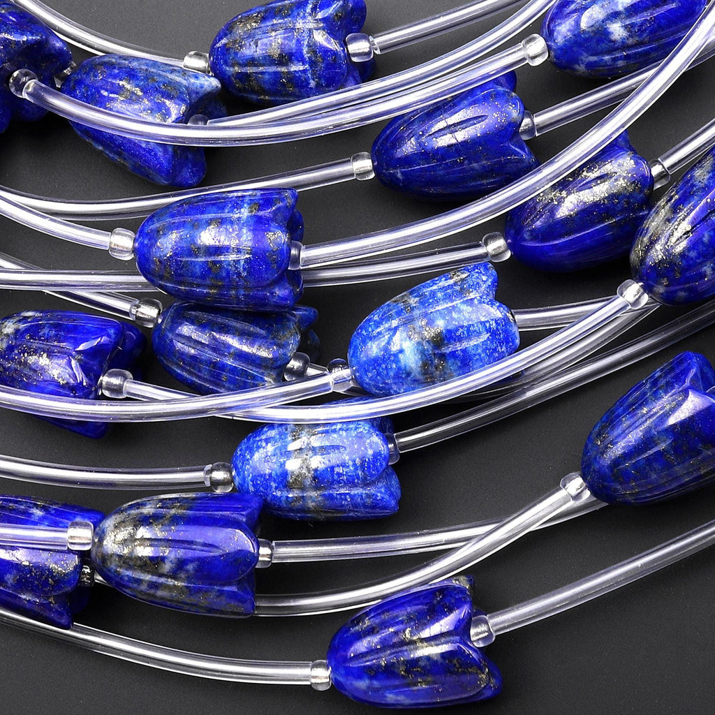 AAA Natural Blue Lapis Hand Carved Tulip Lily Flower Vertically Drilled Gemstone 15mm Beads Strand