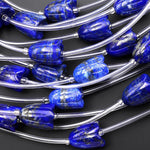 AAA Natural Blue Lapis Hand Carved Tulip Lily Flower Vertically Drilled Gemstone 15mm Beads Strand