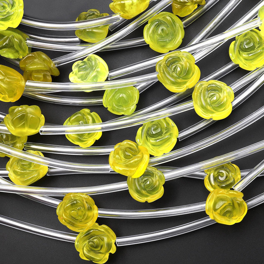 AAA Translucent Natural Green Yellow Olive Jade Hand Carved Rose Flower Gemstone Beads 9mm 10mm Strand