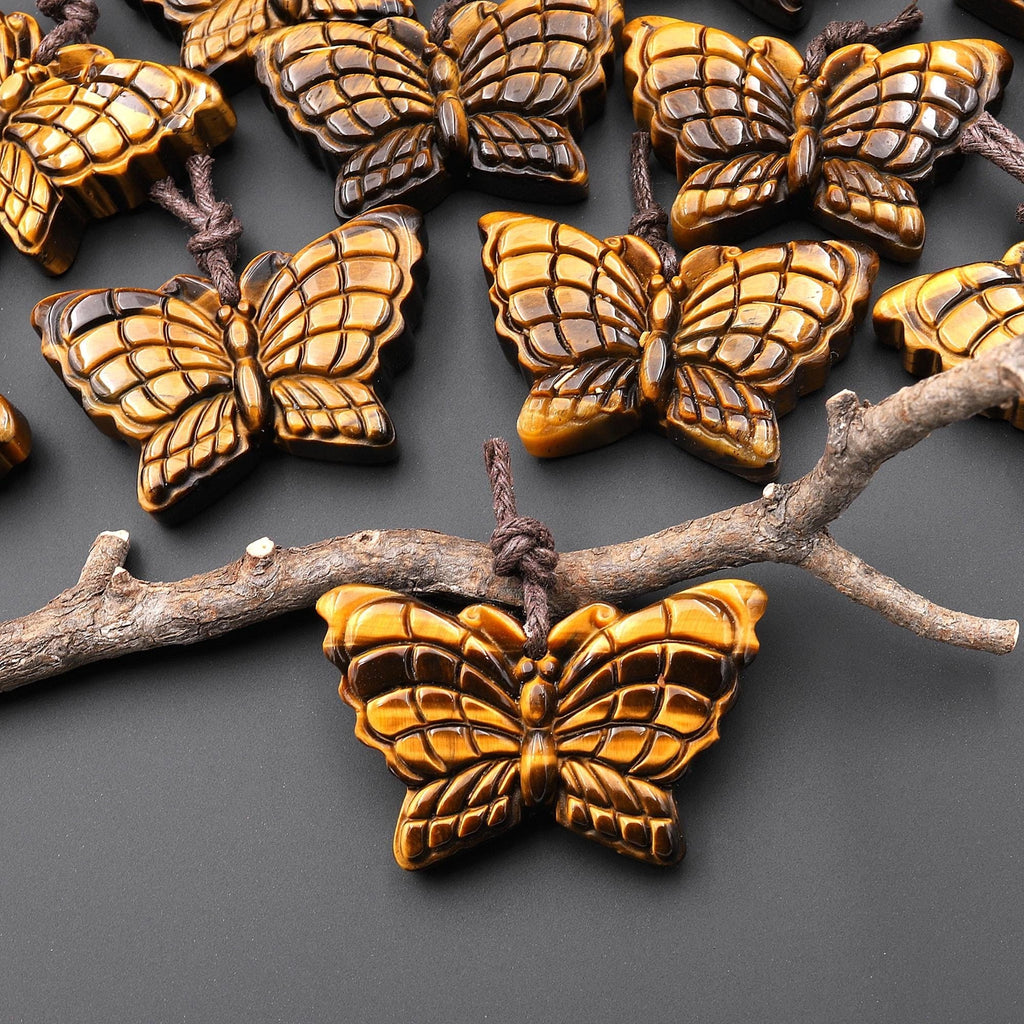 AAA Hand Carved Natural Golden Tiger's Eye Butterfly Pendant Gemstone Focal Bead A2
