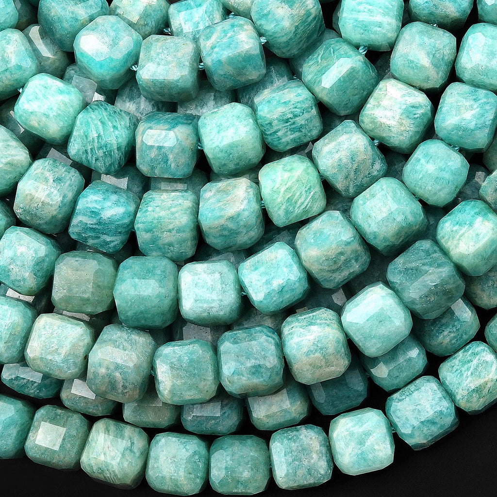 Natural Seafoam Green Blue Peruvian Amazonite Faceted 8mm Cube Beads 15.5" Strand