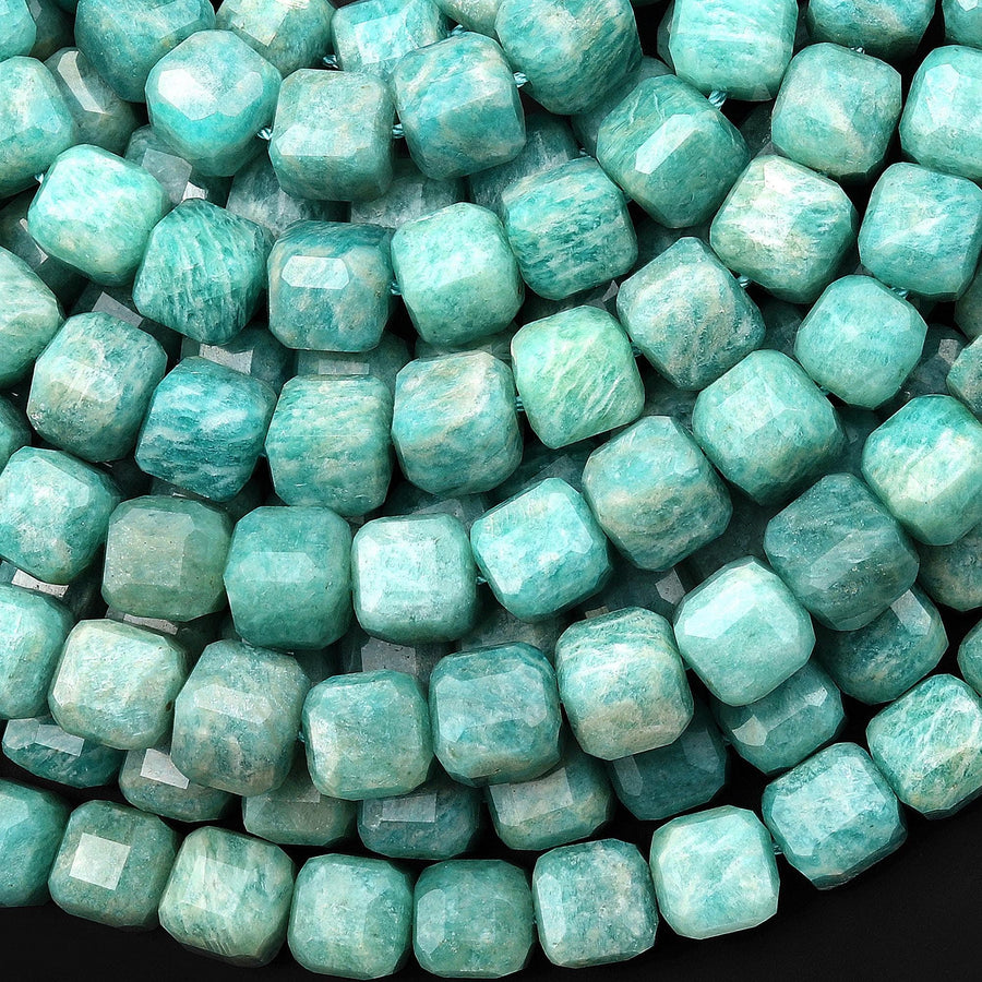 Natural Seafoam Green Blue Peruvian Amazonite Faceted 8mm Cube Beads 15.5" Strand