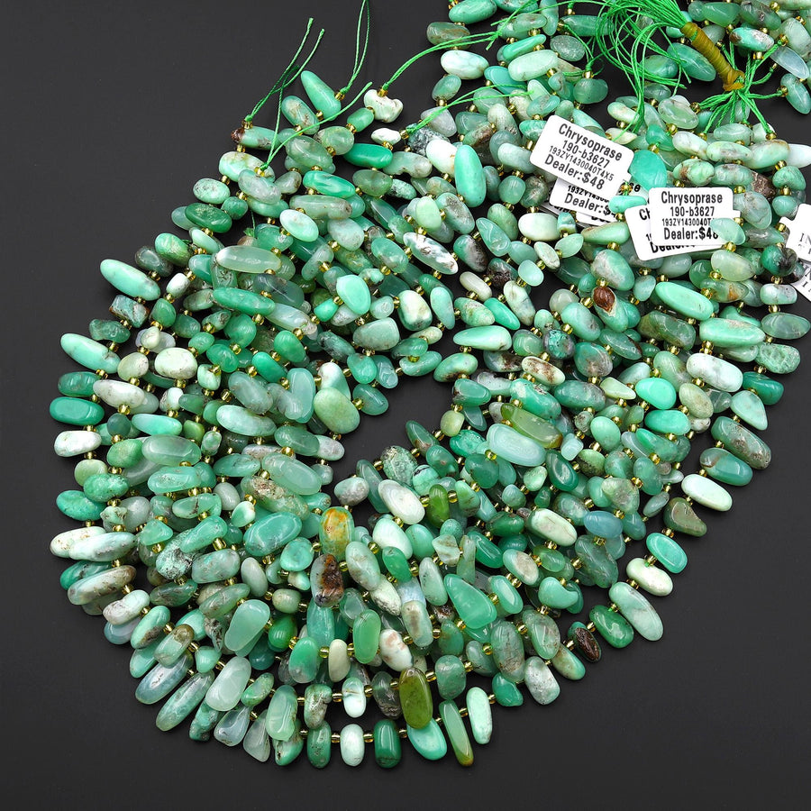 Natural Australian Green Chrysoprase Beads Freeform Oval Top Side Drilled Nugget Beads 15.5" Strand
