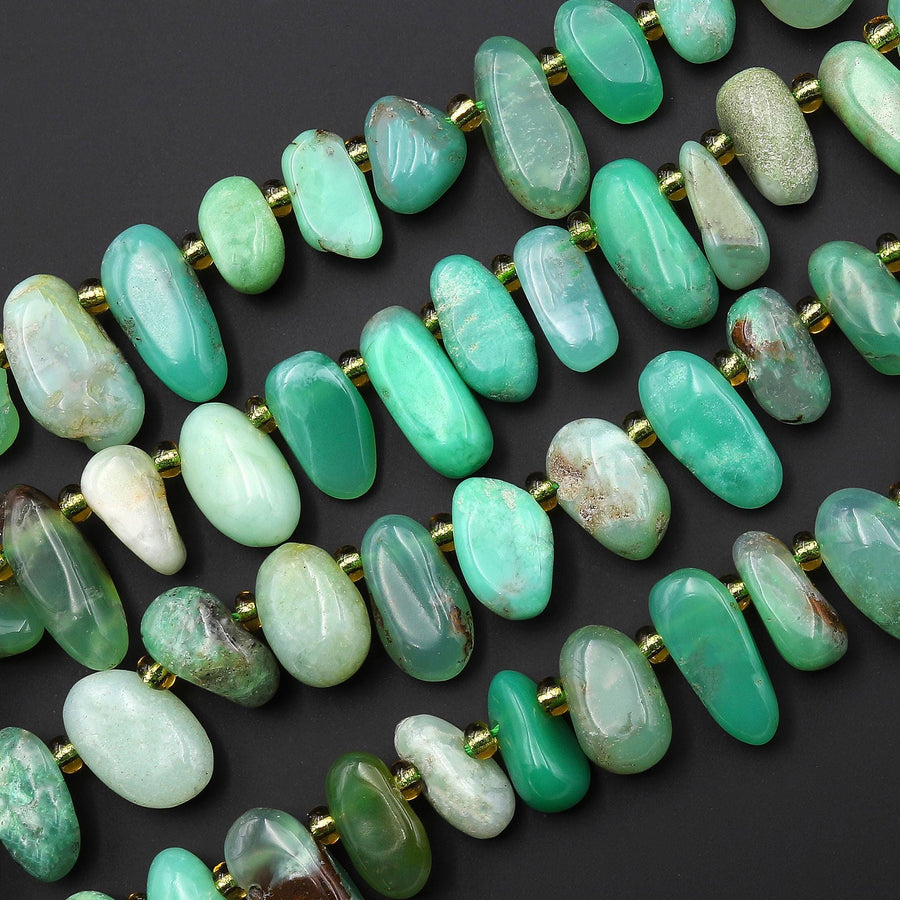 Natural Australian Green Chrysoprase Beads Freeform Oval Top Side Drilled Nugget Beads 15.5" Strand