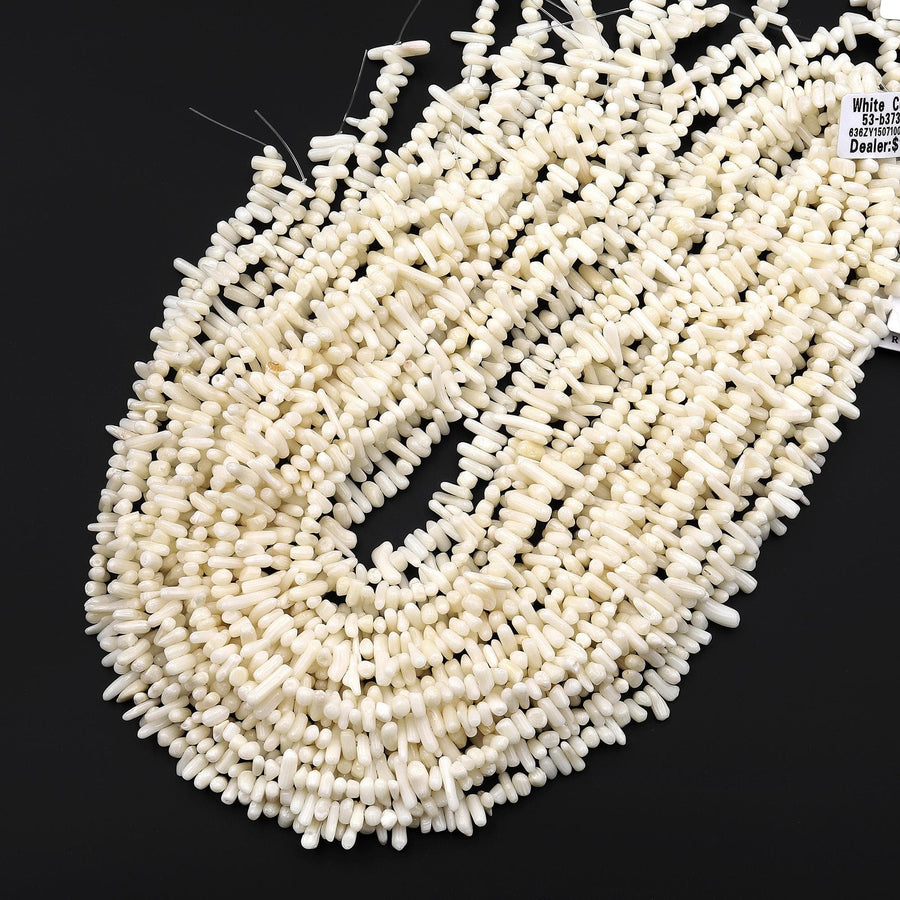 Real Genuine Natural White Coral Branch Beads Center Drilled Freeform Stick 15.5" Strand