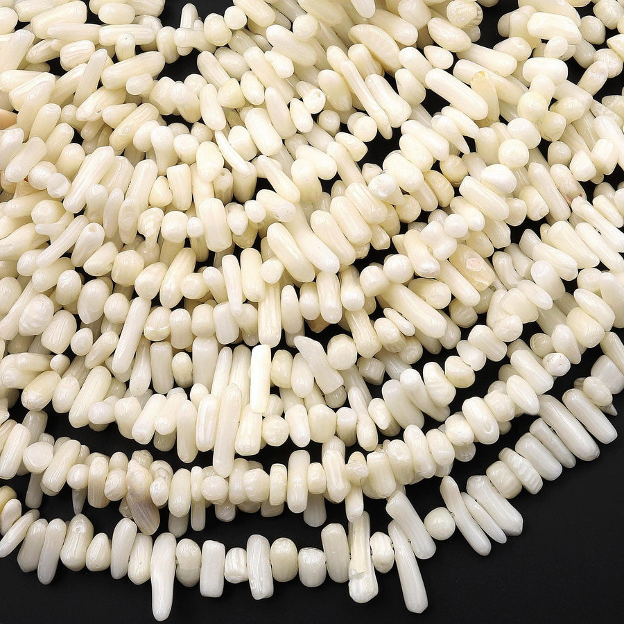 Real Genuine Natural White Coral Branch Beads Center Drilled Freeform Stick 15.5" Strand