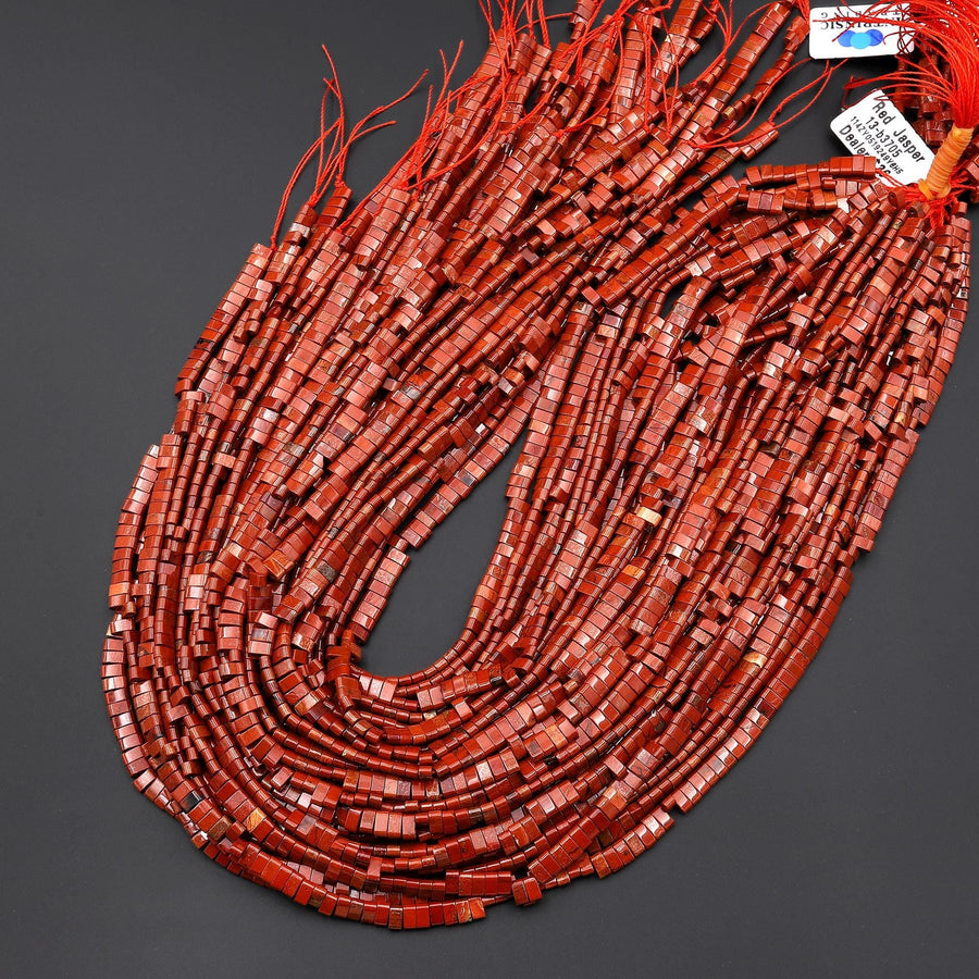 Two 2 Hole Double Drill Natural Red Jasper 5x3mm Small Flat Connector Spacer Tile Tube Beads 15.5" Strand