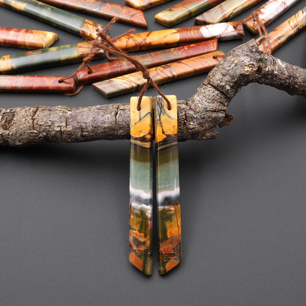 Natural Red Creek Jasper Linear Thin Spike Beveled Rectangle Earring Pair Matched Gemstone Beads A3