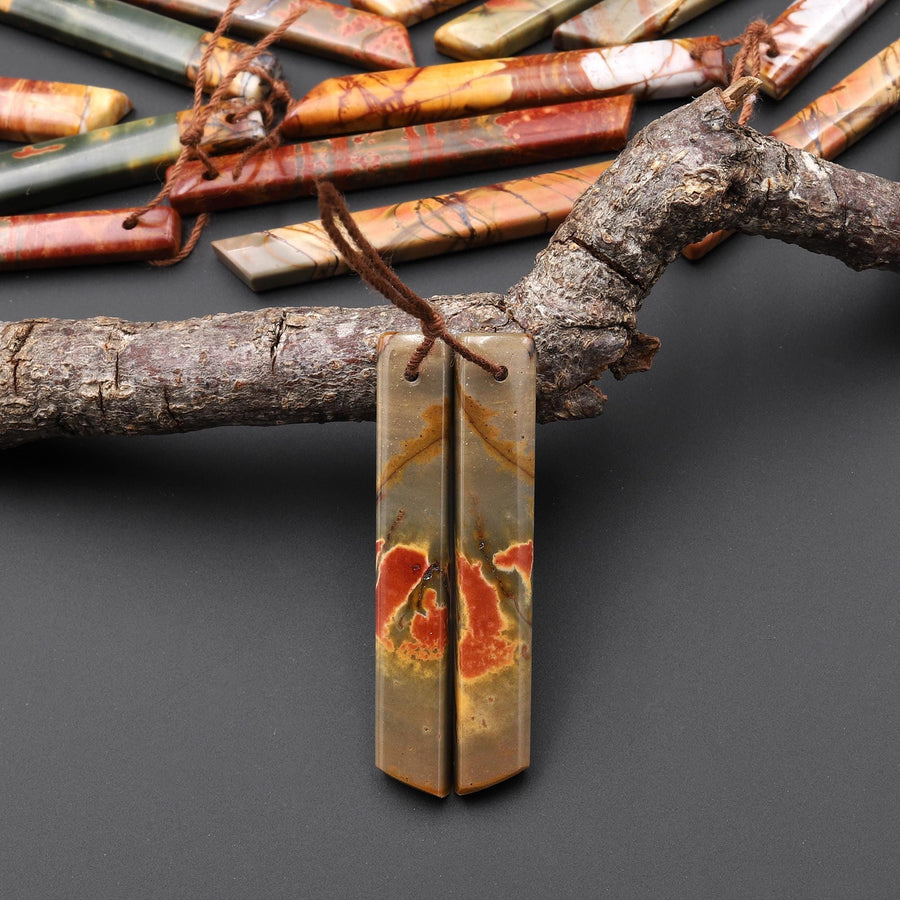 Natural Red Creek Jasper Linear Thin Spike Beveled Rectangle Earring Pair Matched Gemstone Beads A9