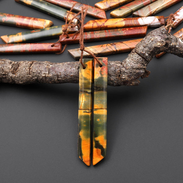 Natural Red Creek Jasper Linear Thin Spike Beveled Rectangle Earring Pair Matched Gemstone Beads A10