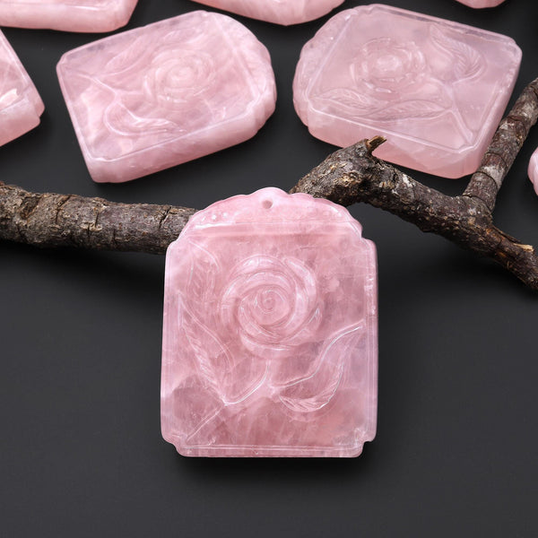 AAA Hand Carved Natural Pink Rose Quartz Rose Flower Ornate Rectangle Pendant Drilled Gemstone