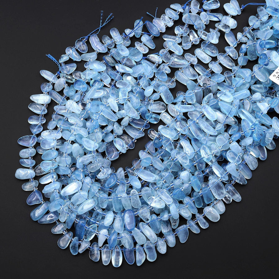 Natural Blue Aquamarine Freeform Oval Pebble Top Side Drilled Beads 15.5" Strand