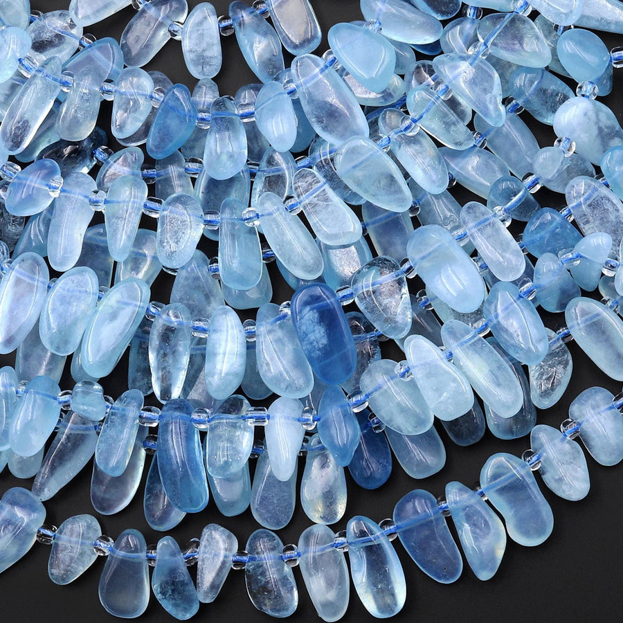 Natural Blue Aquamarine Freeform Oval Pebble Top Side Drilled Beads 15.5" Strand