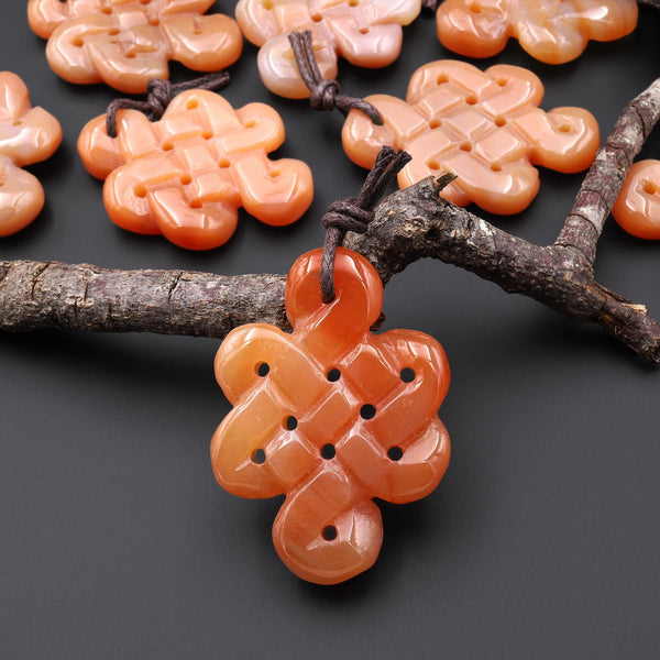 Hand Carved Natural Orange Carnelian Infinity Eternal Endless Knot Gemstone Pendant