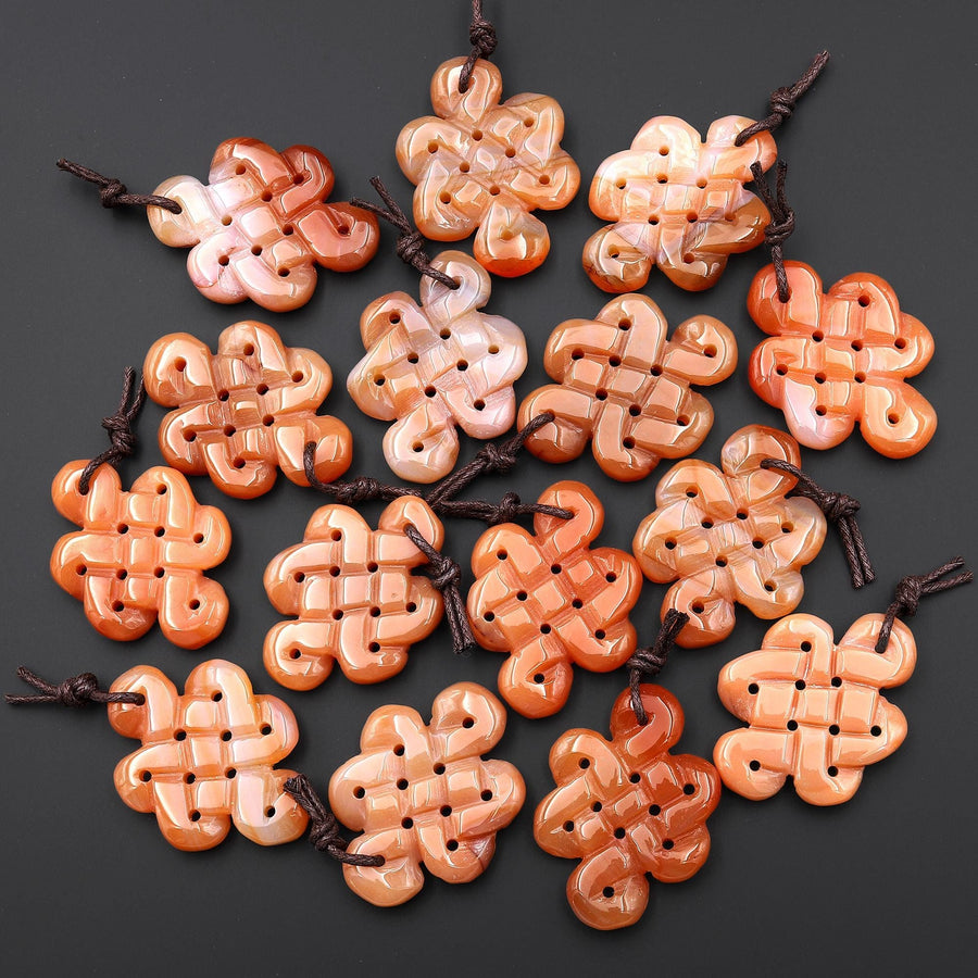 Hand Carved Natural Orange Carnelian Infinity Eternal Endless Knot Gemstone Pendant