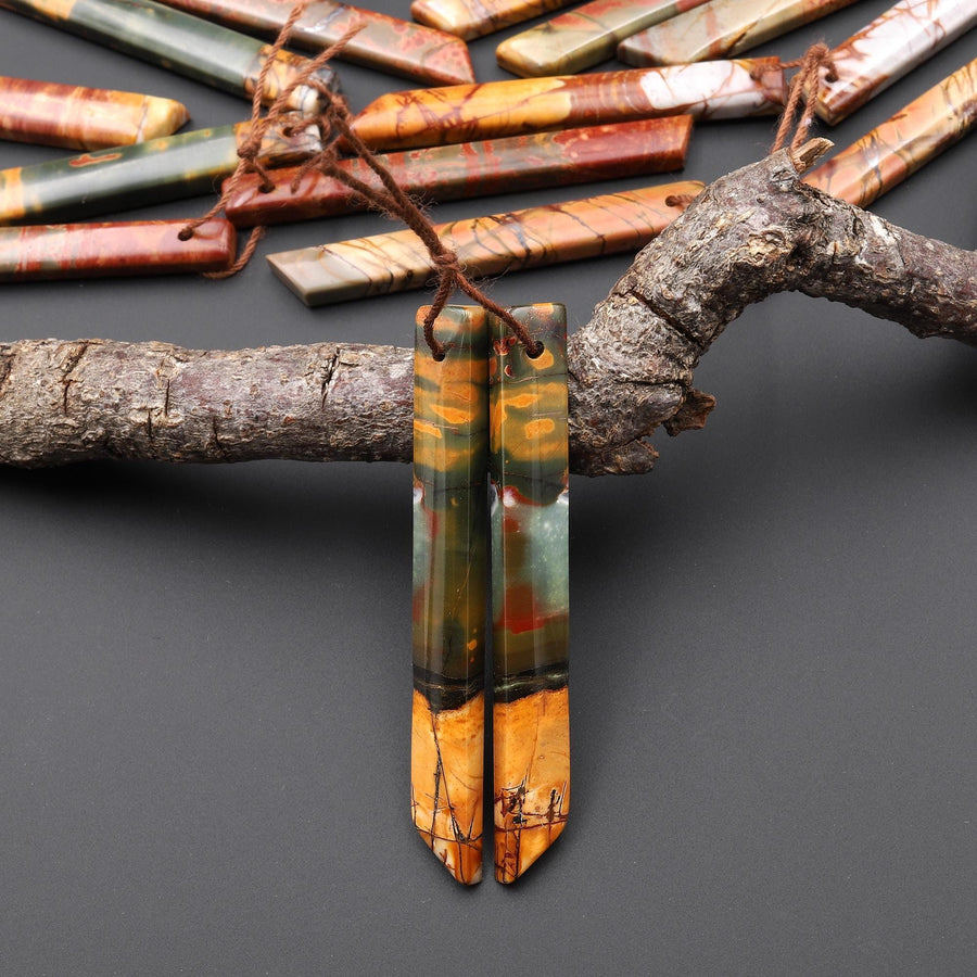 Natural Red Creek Jasper Linear Thin Spike Beveled Rectangle Earring Pair Matched Gemstone Beads