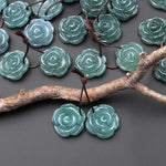 Hand Carved Natural Blue Green Guatemalan Jade Earrings Rose Flower Matched Gemstone Bead Pair