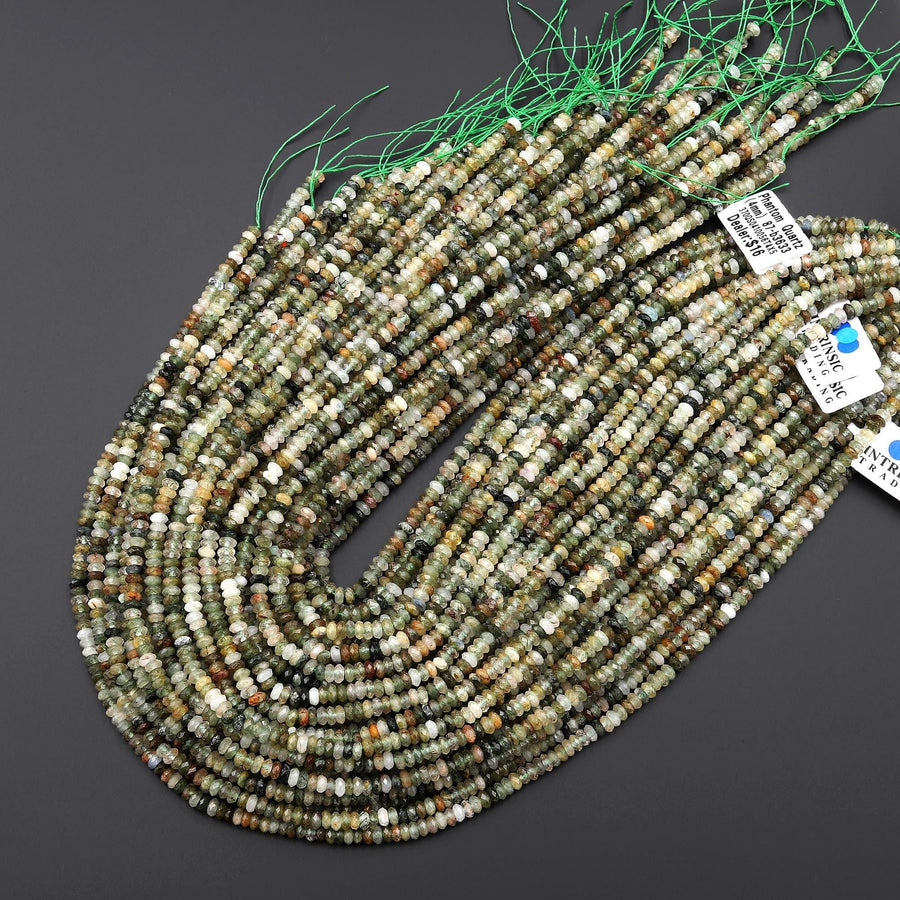 Faceted Natural Green Lodalite Quartz 4mm Thin Rondelle Beads 15.5" Strand