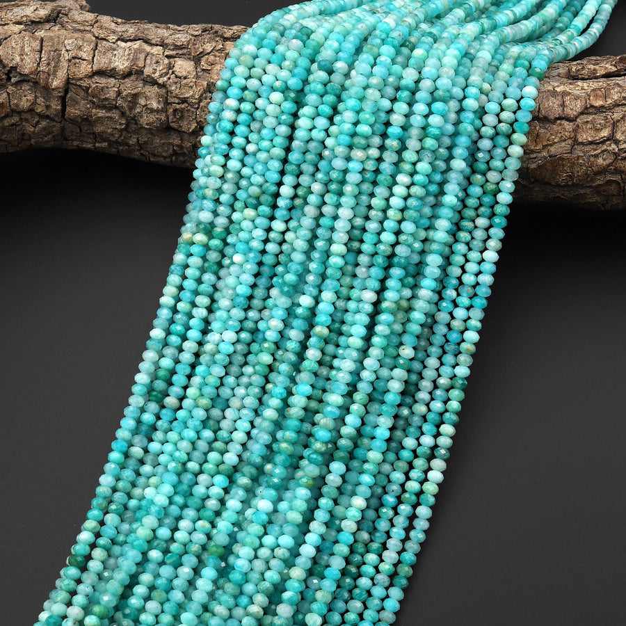 Natural Peruvian Amazonite 4mm Faceted Rondelle Beads Aqua Blue Gemstone 15.5" Strand