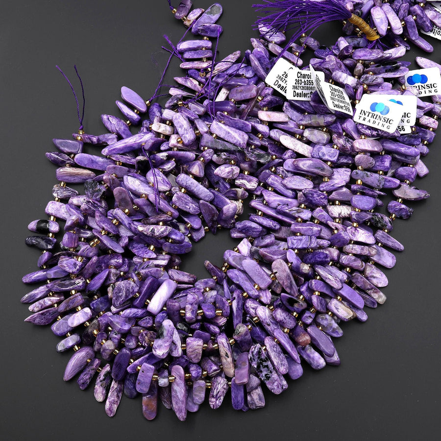 Natural Purple Charoite Freeform Rectangle Oval Pebble Top Side Drilled Beads 15.5" Strand