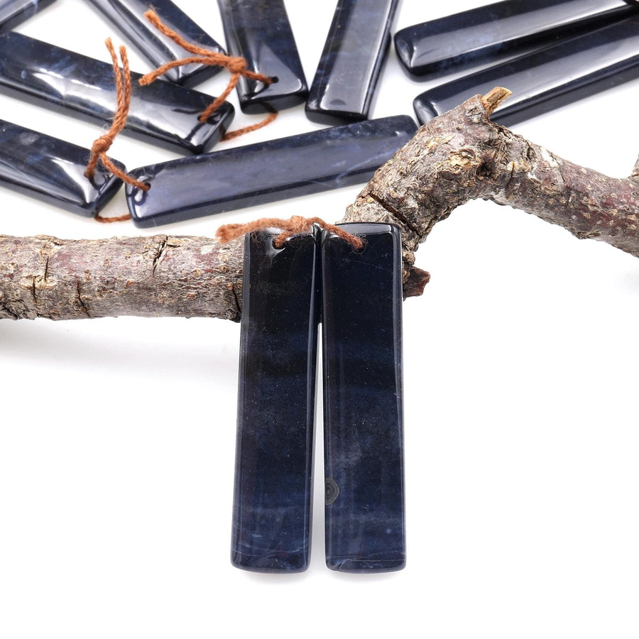 Rare Natural Midnight Dark Blue Onyx Rectangle Earring Pair Drilled Gemstone Matched Beads