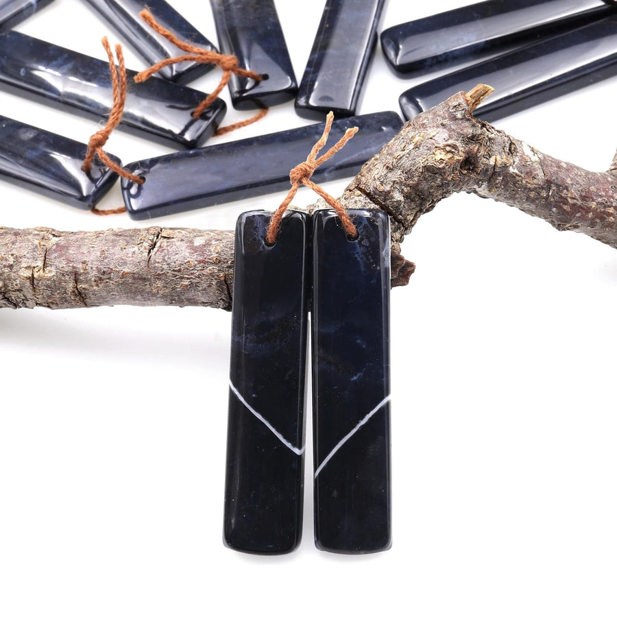 Rare Natural Midnight Dark Blue Onyx Rectangle Earring Pair Drilled Gemstone Matched Beads