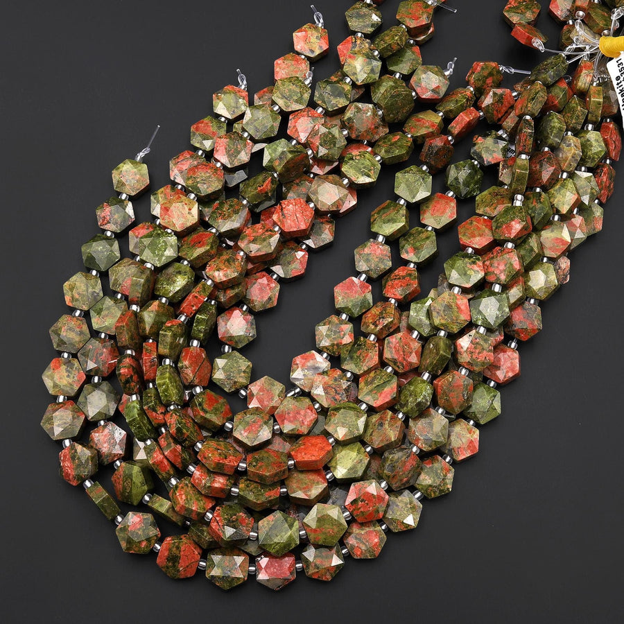 Faceted Natural Unakite Geometric Hexagon Coin 13mm Gemstone 15.5" Strand