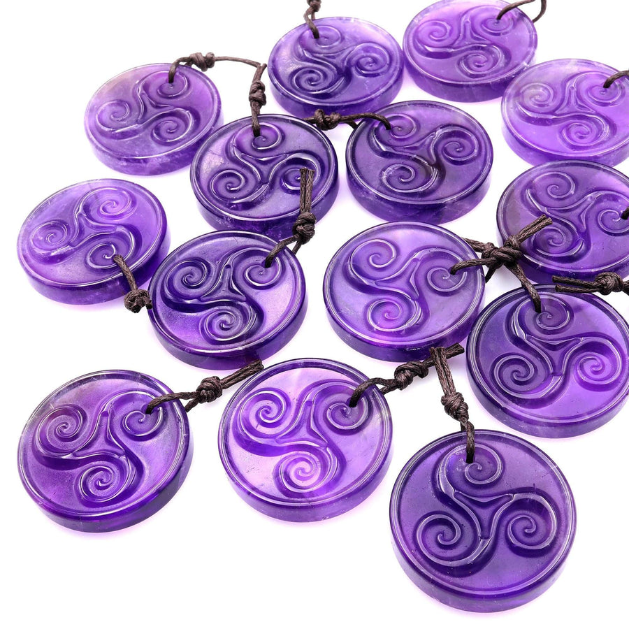 Natural Hand Carved Purple Amethyst Circle Pendant Triskele Triskelion Symbol